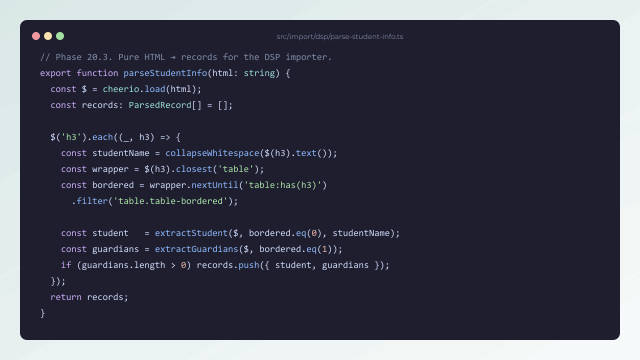 A code snippet from Full Out's DSP importer parser, rendered in a dark editor.